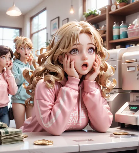 4 girls, Is in the shop standing at the cash register,  blonde hair , In extremely tight shiny pink latex sweatshirt,  lens reflection ,  reflecting light,  high resolution ,  masterpiece , wavy hair, surprised, Hands on face, Spiral eyes, 