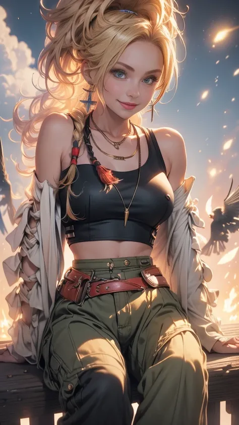 Rikku, solo, looking at viewer, smile, shirt, bare shoulders, jewelry, sitting on a spring, full body, flower, earrings, pants, off shoulder, crop top, makeup, bird, border, sun, mid day, off-shoulder shirt (realistic:1.2), (realism), (masterpiece:1.2), (b...