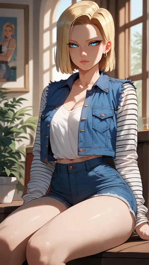 Android 18 style,  perfect eyes,  perfectly sexy face, ultra detailed,  ultra perfect eyes ,  big beautiful woman , sitting, dark blue shorts, Body,  looking at the spectator,