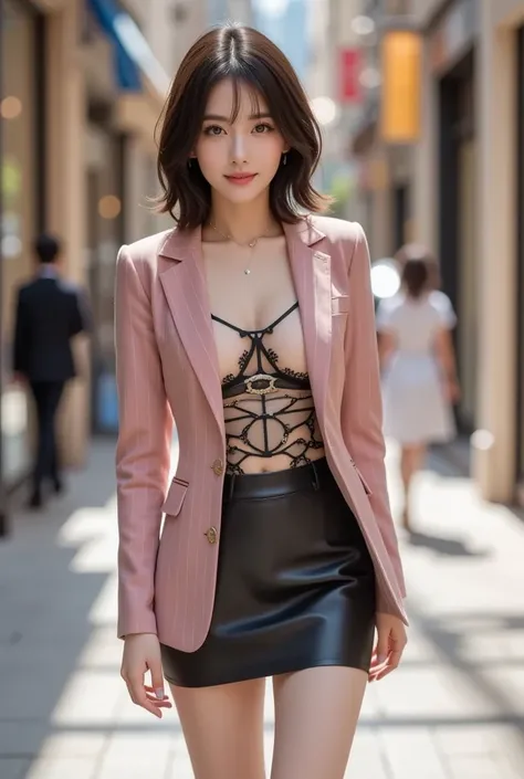 (One Gal:1.8), (   black hair:0.2)，((A Shining Place)), ( Outdoors,   shopping mall,   shopping street), ( Showing the whole body,   is standing, ((  Model Poses)), Open your legs naturally ,   walking  ), (  tall ,   Thin Thighs,   long legs  ,   constric...