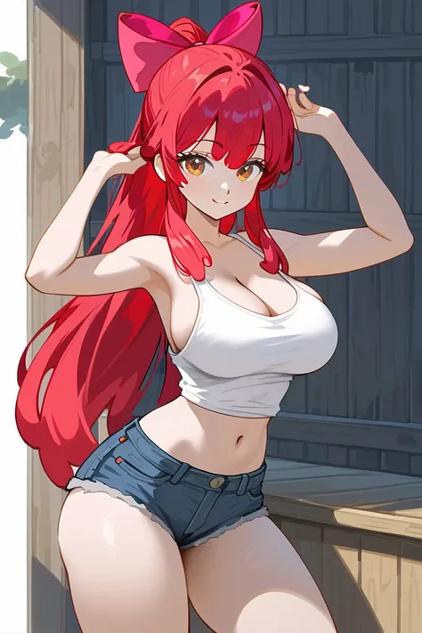 Apple bloom, white tank top, jean shorts, red hair in ponytail, busty, small waist, thighs