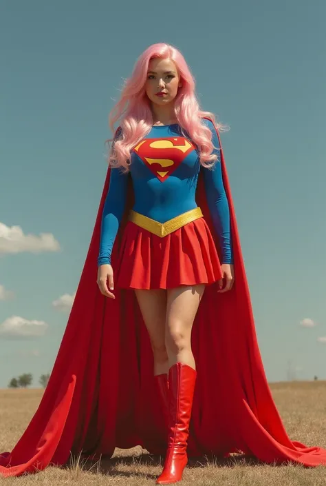  Sexy curvaceous young girl with long light pink silky hair with (((huge breasts))),  white hair tight ass . She is wearing a 1984 blue tight Supergirl suit .  x} The suit is complemented by a long red pleated skirt ,  with a yellow Supergirl belt ,  brief...