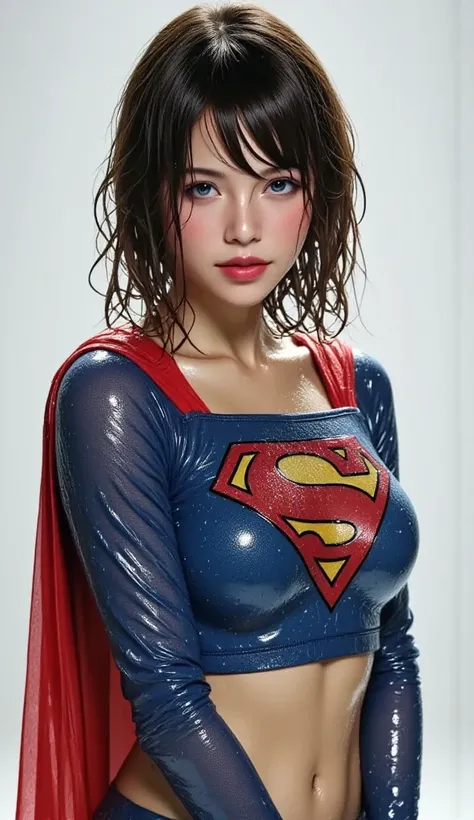 FULL TOP TO BOTTOM VIEW. BLUE EYED JAPANESE GIRL WEARING A SUPERGIRL CROP TOP COSTUME AND CAPE. SOAKING WET 4K, 4K WATER BEADS, 4K HIGH RESOLUTION, SHARP CRYSTAL CLEAR IMAGE, PROUDLY WEARING THE 'S" EMBLEM.