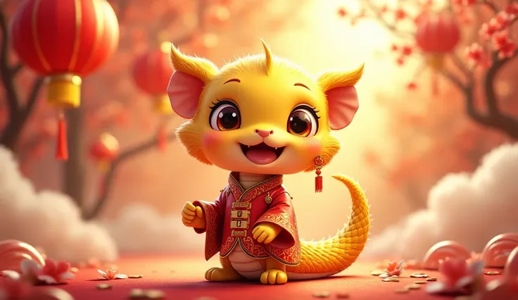 A cute cartoon of a golden snake，Wear Chinese style clothes for the Lunar New Year，go，cute cartoon illustration， story with pictures ，Anime style