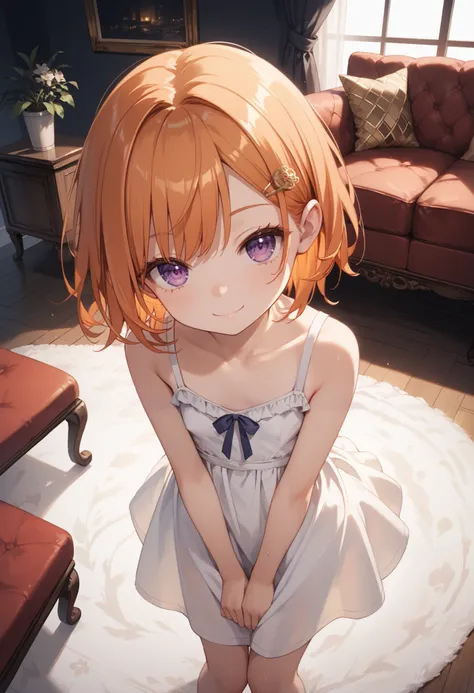 Score_9, score_8_up, score_7_up, score_6_up, (highres:1.4), 1girl, (masterpiece), (best quality), (extremely detailed), (perfect body part), (purple eyes, small eyes), (short orange hair), straight hair, (uneven bangs), hairpin, playful smile, tiny breasts...