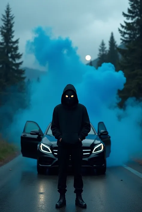 A mysterious scene set in the mountains, surrounded by tall, dark evergreen trees. The atmosphere is moody and overcast, with smoky gray clouds covering a faint, full moon. A person dressed entirely in black, wearing a black hoodie and black pants, stands ...