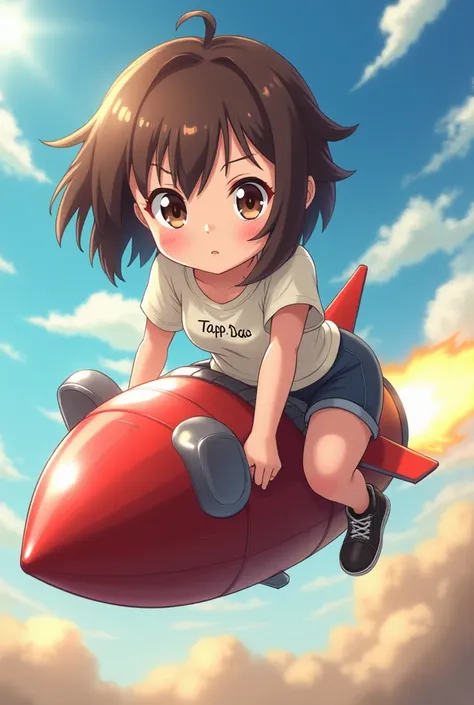 Anime girl with short brown hair and have tapp dao written on shirt riding a rocket