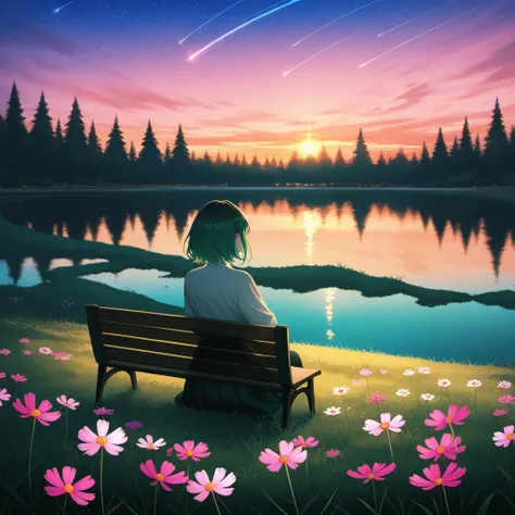 Viral anime nature wallpaper in 4K quality, in the style of photography with a 35mm lens, capturing a breathtaking sunset over a tranquil lake green trees on the side lake,  girls sit on the bench with flower, the girl in front of the lake watch shooting s...