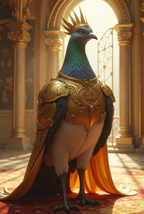 A pigeon wearing a golden island knight suit is in the palace