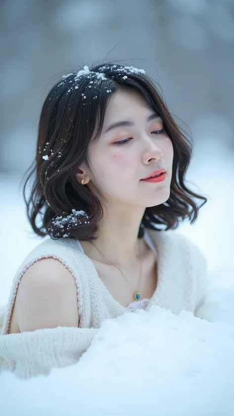 A high resolution photograph of a Japanese woman buried in the snow with only her upper shoulders exposed. Powder snow falls on her. Intricate details, 8k,