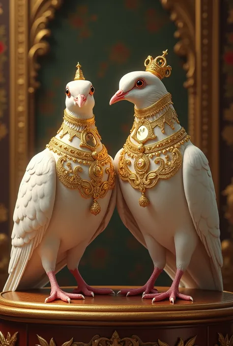 Pigeons wearing gold ornaments, gold ornaments are in the palace