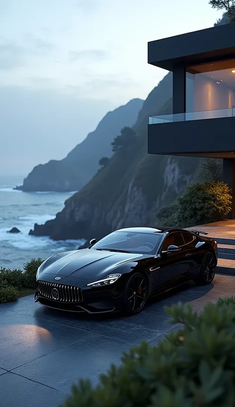 beautiful black car in a dark and black rich and modern house boarding a cliff and the ocean