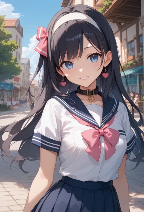 (masterpiece,  best quality:1.2), Alone, Big dark blue eyes 、Beautiful black hair、 long hair、 White Hairband 、 high school uniform （White shirt with short sleeves and collar、 pink ribbon ）、
Outdoors、Going to school、Sunshine、Around town、

（（headshot:1.5））、（...