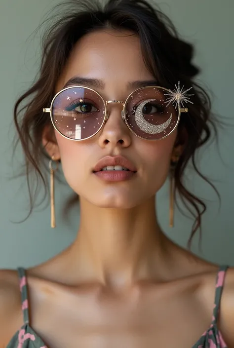 The model is wearing glass sunglasses with stars and the moon on the glass