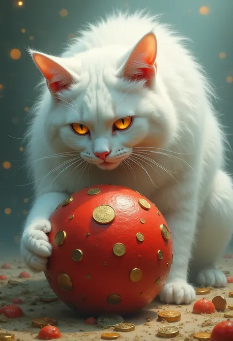 A very big white cat is a big red ball from Kuwodo's special coins when fishing from the sea