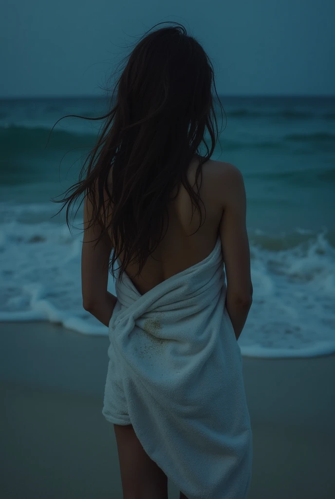 14-year-old brunette girl, Of a white towel wet and soiled with sand, I'm going to pee in the woods,  on the beach ,  at night,  photo taken by cell phone camera 