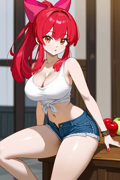 Apple bloom, white tank top tied in the back, jean shorts, red hair in ponytail, busty, small waist, thighs