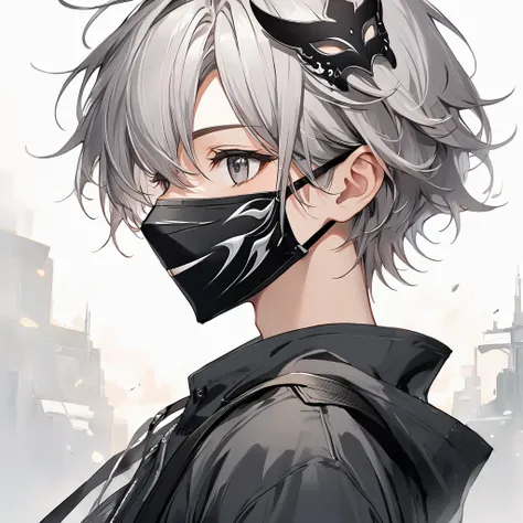  cute boy　Gray Hair　　profile　smile　 wearing a mask