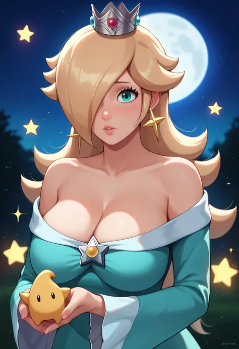 score_9, score_8_up, score_7_up, BREAK, rosalina, mature female, dress, sparkle, glowing, star \(sky\), night, night sky, portrait, depth of field, light particles, crown, breasts, looking at viewer, shy, holding, moon, outdoors, large breasts 