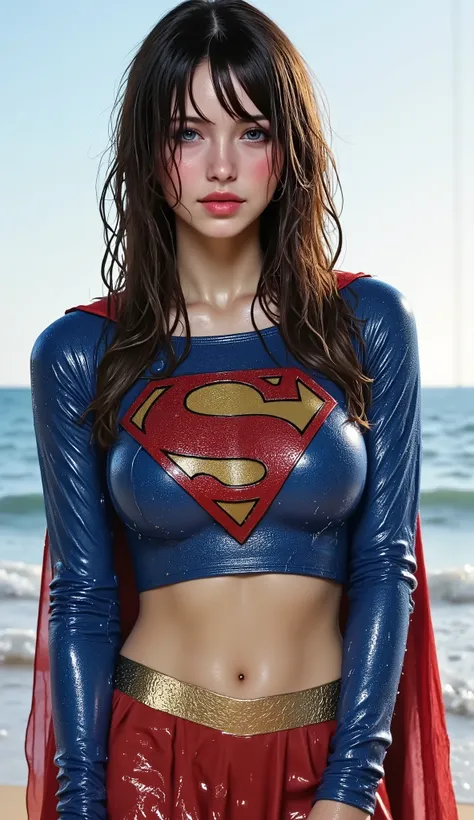 (HUGE BREASTS) FULL TOP TO BOTTOM VIEW. BLUE EYED JAPANESE GIRL WEARING A SUPERGIRL CROP TOP COSTUME AND CAPE. SOAKING WET 4K, 4K WATER BEADS, 4K HIGH RESOLUTION, SHARP CRYSTAL CLEAR IMAGE, PROUDLY WEARING THE 'S" EMBLEM.