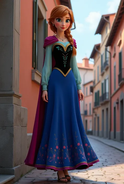 Italian building(best quality, highres), Anna of Arendelle, beautiful detailed eyes, beautiful detailed lips, Loong legs, sexy legs, wide hips, busty, confident pose, natural lighting, vibrant colors, realistic, sharp focus, curvy, big ass, thick high, paw...