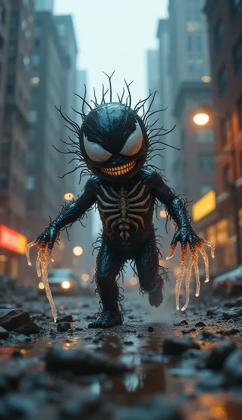 "In a chaotic urban landscape, a small but terrifying hybrid creature — a mix of Venom and a baby human — emerges from the shadows of a crumbling skyscraper. Despite its small size, the creature exudes immense power; its body is a grotesque fusion of black...