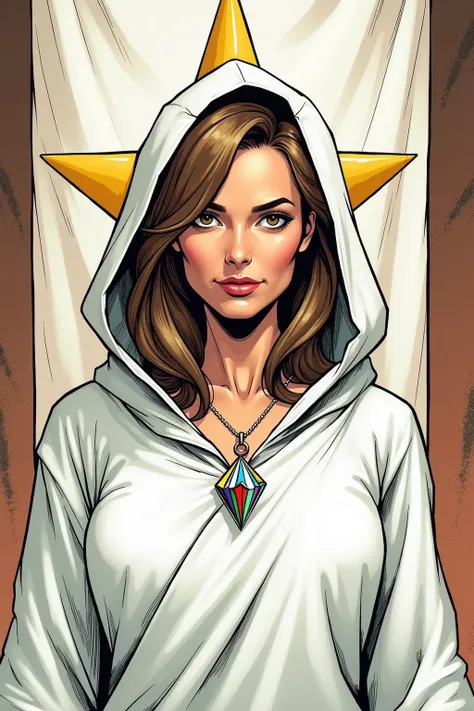 Despite being over forty years old, Lemore is described as a handsome woman and has an outgoing friendly personality. She has brown hair. 
She dresses in white robes with a hood.She wears a crystal pendant about her neck.
On the background a large white ba...