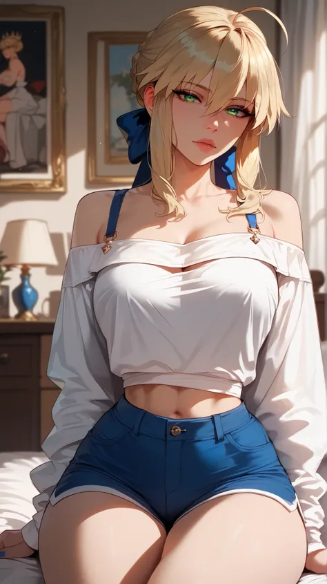 Artoria Pendragon style,  perfect eyes,  perfectly sexy face, ultra detailed,  ultra perfect eyes ,  big beautiful woman , sitting, dark blue shorts, Body,  looking at the spectator,