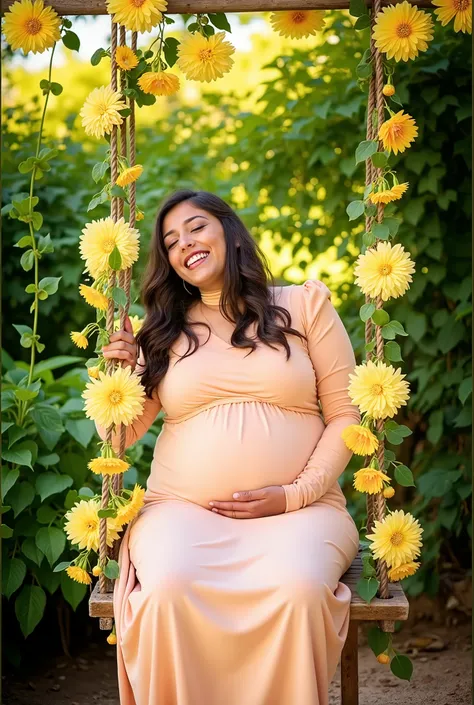 pregnant woman sitting on a swing with yellow flowers in the background, a picture inspired by Anne Geddes, pexels, realism, maternal photography 4 k, pregnant belly, maternity feeling, wrapped in cables and flowers, sitting with flowers, pregnancy, wrappe...