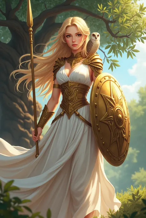 Anime girl blonde hair, dressing like Ancient Greece ,holding a spear and a shield, an owl standing on her shoulder, an olive tree next to her 