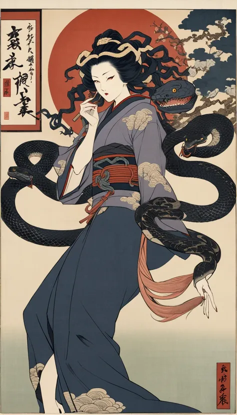 Ukiyo-e, historical painting, Oriental Medusa, dynamic snake-shaped hair