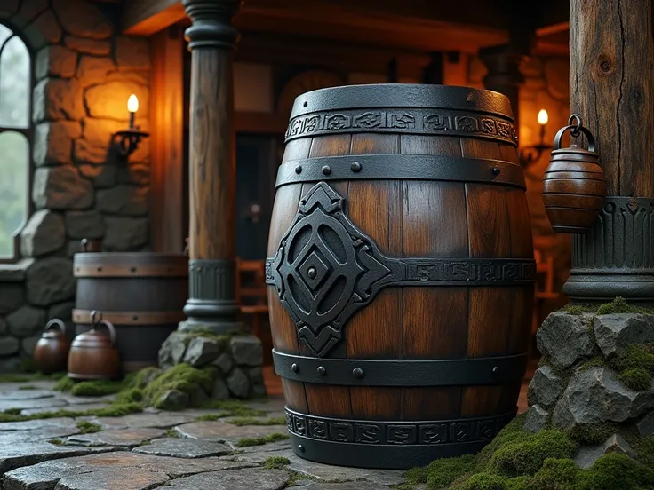  Next to the entrance ,  rests a huge barrel of aged oak ,  its dark tone highlighted by the marks of time and constant use . a wood, } weathered and covered by a light layer of moss ,  seems to have been forged by nature's own gods .  Forged metal details...