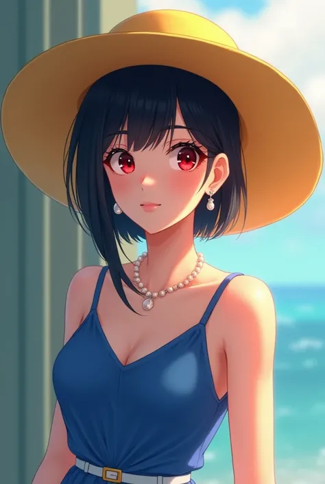  is standing,nsfw,笑face,,
the çºã å°”ã·çã æ °, 1 girl,Alone, earrings,  short hair while on a business trip、with long lock,緑colorの髪,  black hair, red eyes ,bangs, Side Lock,
 pearl necklace,clavicle, blue dress, sleeveless dress, shoulder out,White Belt,  ...