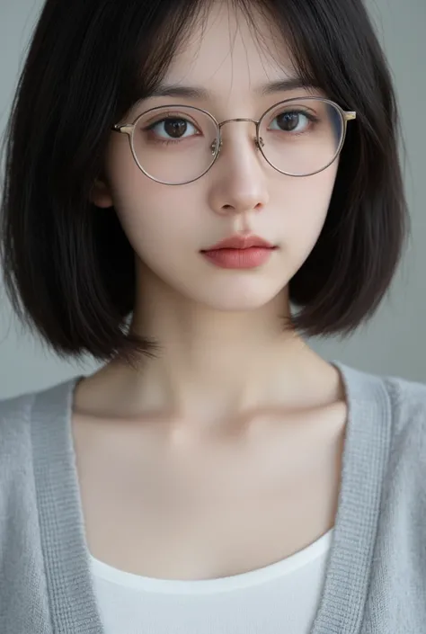 Close-up view of a young girl, around 16-, with a cute yet elegant appearance. She has a slender, youthful face with soft, delicate features, and her expression is calm and thoughtful. Her skin is smooth and radiant, with a subtle glow enhanced by natural ...