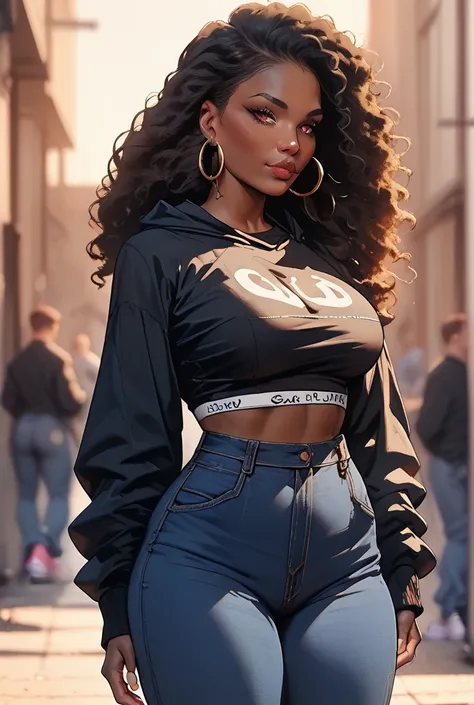 Mature Black woman with long, dark waist length locs, wearing small hoop earrings, and subtle makeup. has a curvy body, chocolate-toned skin, a round face, almond-shaped eyes, is dressed in a high waisted blue jean skirt, white sneakers, black thigh socks,...