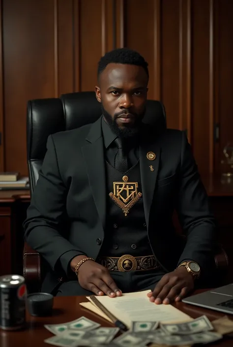 a black man wearing a black suit with the logo of the Freemasons on the chest and sitting on a chair in the office of the Freemasons with a paper bik, the shirt he is wearing has the logo of the Freemasons on the chest, there is a logo of the Freemasons in...