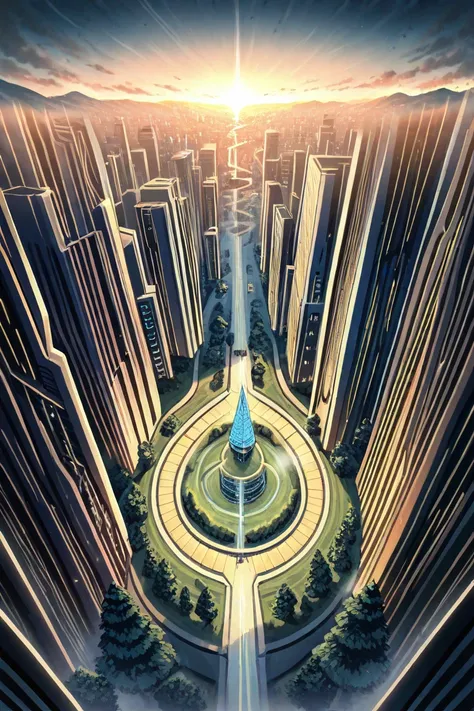 in an animated style, seen from a distance from above a landscape, a feodal city with some futuristic element, the city is cut in two by a giant fault, machines recover steam from the fault, the city is surrounded by a feudal wall, outside there is a fores...