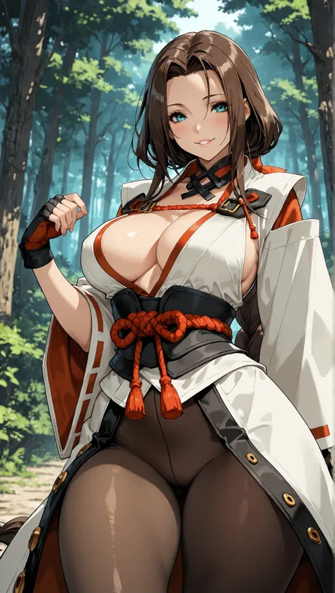  1 girl,  Thousands of Fury  ,  Guilty Gear, cowboy shooting, forest,  medium big chest ,  tied his lips, bewitching smile,  Town Pantyhose, ,, masterpiece,  best quality,  great quality,   detailed background ,  complicated details