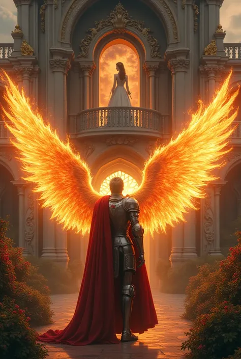  man wearing as aknight and he has flaming wings like an angel , he is looking at a palace with an ornate garden, and a beautiful princess standing on the balcony, cinematic lighting, vibrant colors, intricate architectural details, lush foliage, dramatic ...