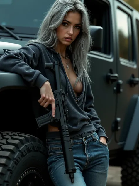 Generate a woman 
1 . 78m tall
26 years old
gray hair 
Long open hair
Baggy Jeans
hoodie
Leans on a car
Black jeep 
With a gun in hand 
silver jewelry 