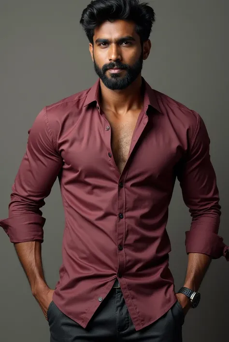 Indian man (Tamil), 20 years old, Handsome and elegant,beardless, Wearing a dark pinky transparent shirt, sexy , Masculine and handsome，musculous，Muscles look good，hairy bodies, with fair skin,, Full body photo,(ultra-detailed, photorealistic, best quality...