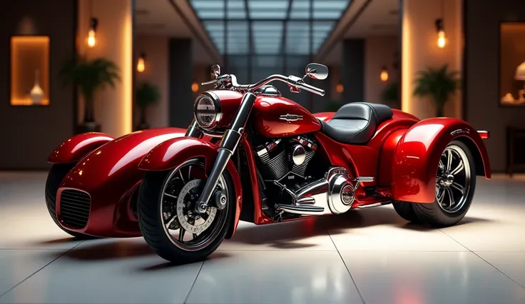 Harley Davidson three : wheeler red color bike 2024 bike view luxury showroom 