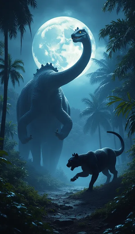 Depict a fierce and silent battle in the moonlit jungle between the towering Mooncrest Apatosaurus and the elusive Shadowmane Panther. The Apatosaurus, its crescent-marked scales glowing softly, swings its bladed tail with celestial precision, while the Pa...