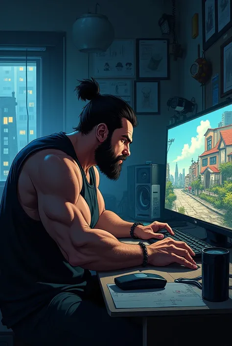 He's a macho man fiddling with a computer anime making animations with tiny pictures