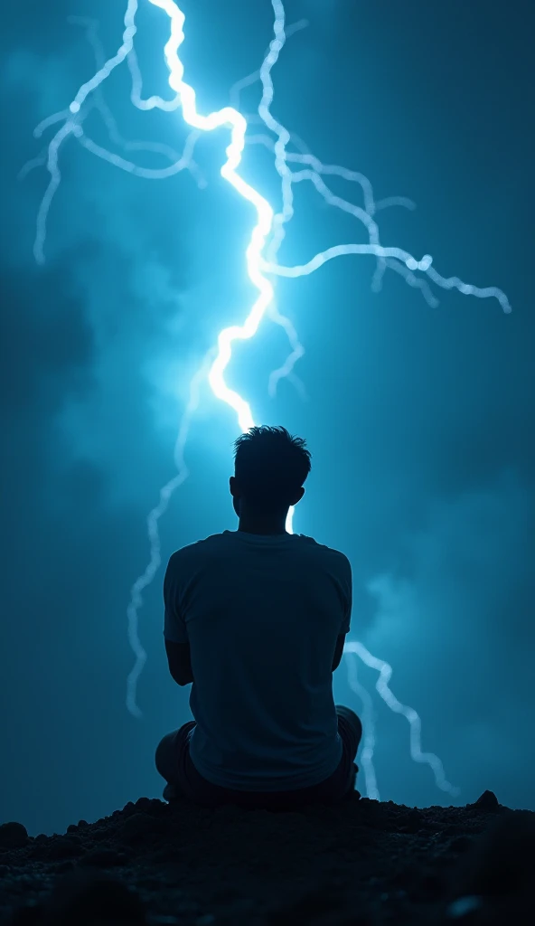 Man praying with faith on his knees looking up at the sky with his eyes closed and the sky filled with thunder and lightning with a heavenly light with bluish flames illuminating an ultra realistic background 