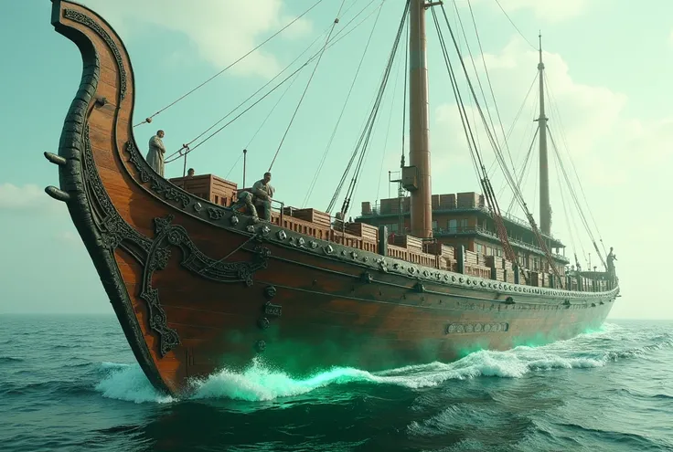 (photorealism:1.6), a large tech-laden modern viking ship powered and propelled by magic, add a couple of dashes of cargo ship, the magic is green and white and red, made of extra wood, touches of metal edging, primal engravings, carrying crates, more rust...