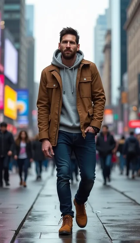 lionel messi is walking casually in the middle of a modern urban setting. He is wearing a brown jacket, a gray hoodie, dark blue jeans, and brown boots. The background features a busy street with people passing by, tall buildings, and colorful billboards. ...