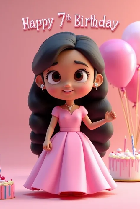 3D cartoon image of a girl wearing pink gown, with black hair down to her neck, beside her is her birthday cake and balloons. At the background there is a clear words "HAPPY 7TH BIRTHDAY AVRIL"  written above her head (3D text style). Looking at viewer, Wi...