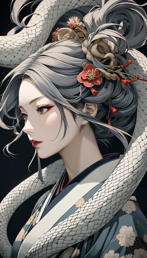 Ukiyo-e portrait of a woman with snake-shaped hair, dynamic movement, traditional Japanese art style, highly detailed, ornate kimono, intricate hair ornaments, dramatic lighting, muted color palette, photorealistic, masterpiece