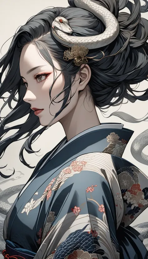 Ukiyo-e portrait of a woman with snake-shaped hair, dynamic movement, traditional Japanese art style, highly detailed, ornate kimono, intricate hair ornaments, dramatic lighting, muted color palette, photorealistic, masterpiece